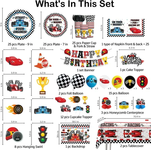 Vista 2 de Juego todo en uno de 195 piezas de decoración de fiesta de cumpleaños de coche de carreras, juego de platos y servilletas con pancarta, telón