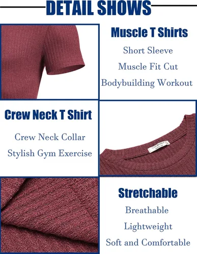 Vista 5 de COOFANDY Camisetas musculares elásticas de manga corta con cuello redondo para hombre