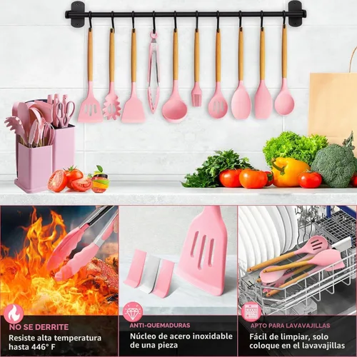 Vista 4 de 19 piezas de juego de utensilios de cocina de silicona rosa con mango de madera y juego de cuchillos, espátula antiadherente resistente al calor