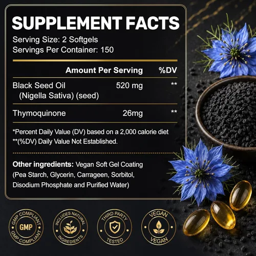 Vista 2 de Cápsulas blandas de aceite de semilla negra, aceite puro de semilla de comino negro prensado en frío, fórmula Nigella sativa con vitamina E