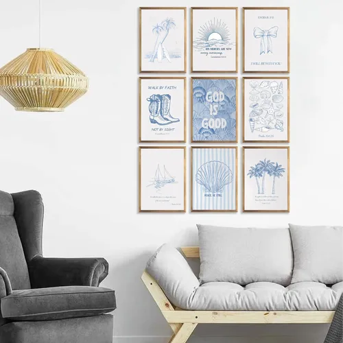 Vista 4 de 9 Piezas Arte de Pared Cristiano Costero Azul Pósteres de Conchas Marinas Versículos Bíblicos Inspiradores Océano Playa Estrella de Mar Palmera