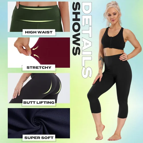 Vista 47 de NexiEpoch - Paquete de 4 leggings suaves para mujer, con bolsillos, control de abdomen y cintura alta, pantalones capri para yoga y ejercicio