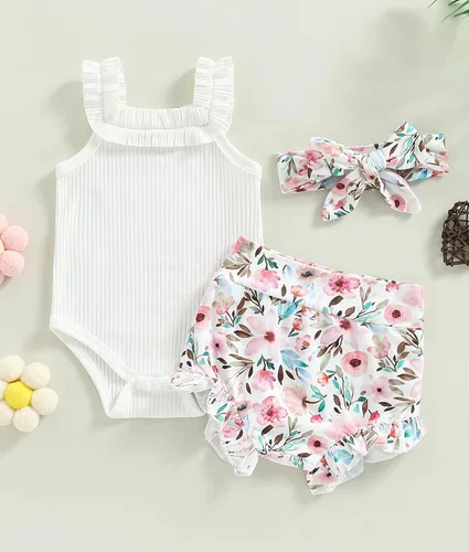 Vista 7 de Conjunto de ropa de verano para bebé recién nacida, conjunto de ropa de verano con estampado floral, mameluco con cordón y diadema corta