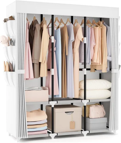 Vista 10 de VTRIN Armario portátil para colgar ropa con cubierta, 3 varillas colgantes, 6 estantes de almacenamiento y bolsillo lateral, Tubo de metal