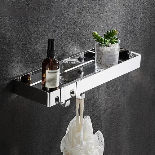 Vista 8 de Wallmounted Bathroom Shelf Floating Organizer with Hooks for Toiletries & Cosmetics 2Tier Black Rectangular Storage Rack for Shower & Kitchen
