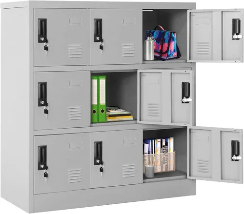 Vista 9 de Greenvelly Gabinete de almacenamiento de 9 puertas para empleados, casillero de metal para oficina, gimnasio, escuela, casillero de acero negro