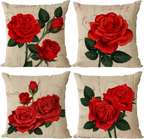 Vista 11 de YeeJu Juego de 4 fundas de almohada de color rosa de 12 x 12 pulgadas, fundas de cojín decorativas con diseño floral vintage, fundas de almohada