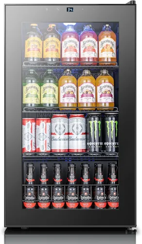 Vista 11 de Yeego Refrigerador de bebidas, mini refrigerador de 105 latas con puerta de vidrio, estantes ajustables, control digital de temperatura para Negro