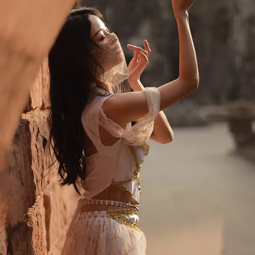 Vista 3 de Disfraz de jazmín de danza del vientre, disfraz de princesa de Aladdin, blanco para mujer