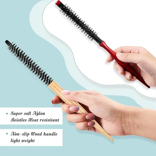 Vista 4 de 2 piezas de cepillo pequeño redondo para el cabello, mini cepillo redondo de madera, cepillo Quiff, peines de pelo de cerdas de nailon para vestir