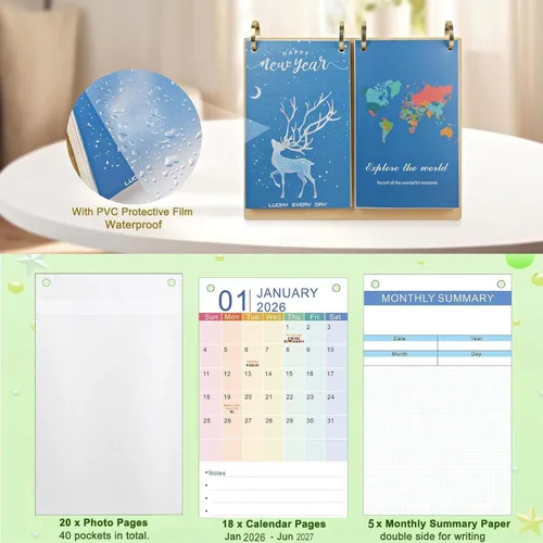 Vista 3 de ZEEYUAN Álbum de fotos de escritorio de 4 x 6 pulgadas y calendario de escritorio 2026, calendario de escritorio pequeño de enero de 2026 a junio