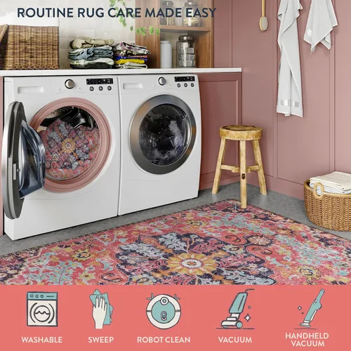 Vista 4 de Lahome Alfombra Floral Bohemio Medaillon - 2x3 Pequeña Alfombra de Baño Rosa Caliente, Alfombra de Cocina, Lavable a Máquina, Antideslizante, Suave