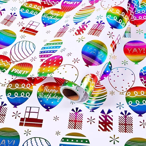 Vista 10 de Rollo de papel de regalo de cumpleaños, papel de regalo negro mate y dorado para mujeres, hombres, niños y niñas, diseño de globo de lámina dorada