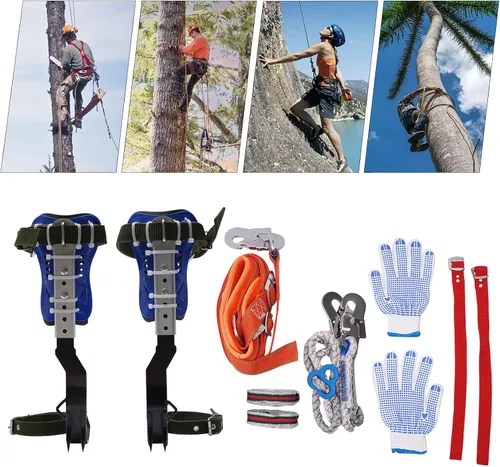 Vista 7 de Juego de picos de escalada de árboles, estacas ajustables de acero inoxidable para escalada de árboles con cinturón de arnés y correa trasera