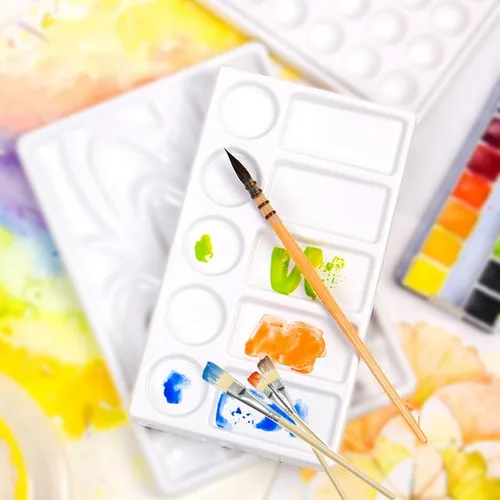 Vista 5 de Bandeja de paleta de acuarela de 10 pozos rectángulo blanco de cerámica para artista, paleta de pintura de acuarela de porcelana para acuarela