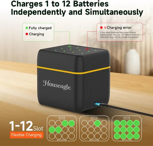 Vista 2 de Paquete de 12 baterías AA recargables de litio con cargador, 1.5 V 3900 mWh