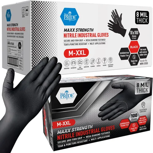 Vista 8 de MED PRIDE Maxx Strength - Nitrilo industrial negro, 8 mil de grosor, textura de diamante, desechable, resistente, resistente al desgarro