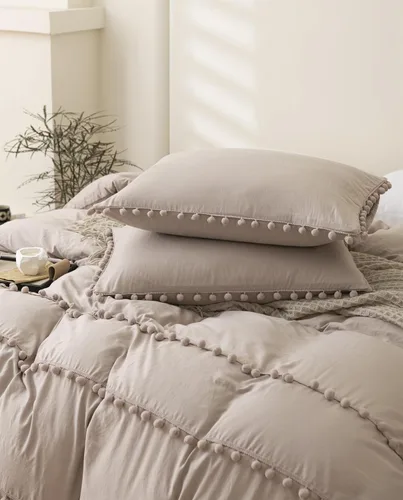 Vista 4 de INFLAG Funda de edredón de tamaño individual con pompones, juego de ropa de cama de microfibra bohemia de 3 piezas, 1 funda de edredón de 66 x 90