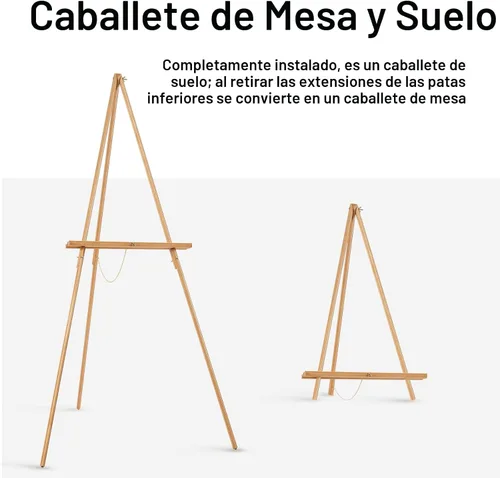 Vista 5 de Caballete de trípode con marco en A de 65 pulgadas, caballete de exhibición de madera con soporte de lona ajustable, caballete de suelo