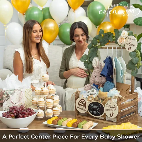 Vista 7 de Armario de madera para baby shower con parte delantera de acrílico transparente, caja de madera personalizable con sistema de doble varilla, cestas