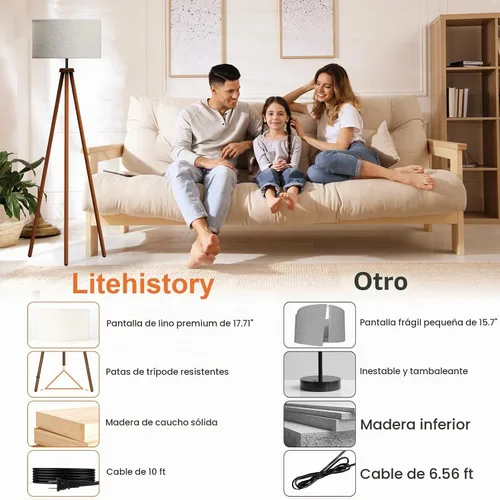 Vista 5 de LiteHistory Lámparas de pie de trípode de madera para sala de estar, dormitorio y oficina, lámpara de pie con pantalla de lino beige, bombilla