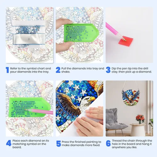 Vista 7 de MXJSUA Atrapasoles con pintura de diamante de águila calva americana, kits de arte de diamantes para adultos, adornos colgantes con cadena