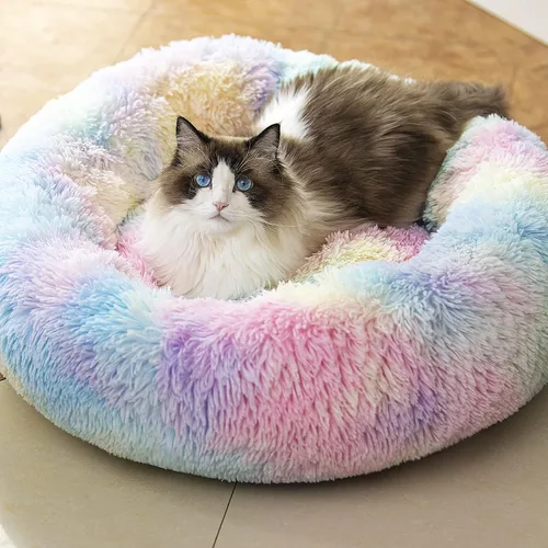 Vista 8 de Cama redonda antiansiedad de felpa sintética esponjosa cálida y lavable para perros y gatos, cama original para mascotas pequeñas, medianas