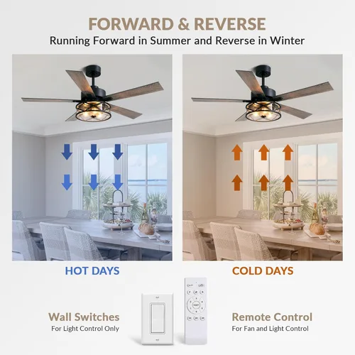 Vista 6 de Ventilador de techo de granja con luces de 52 pulgadas enjaulado Bubble glass shade farmhouse fandelier with walnut blades, quiet DC motor