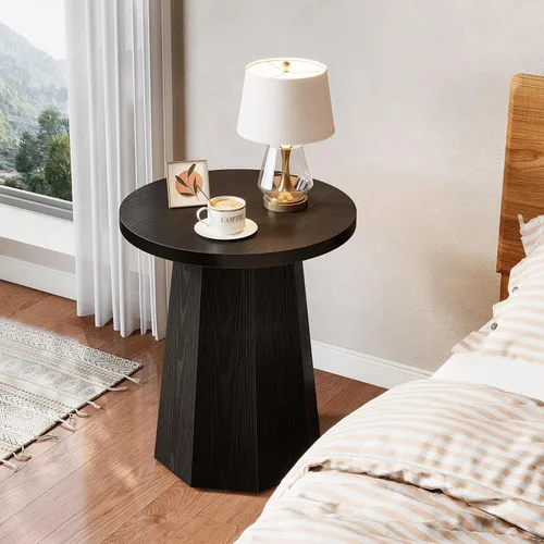 Vista 6 de Tribesigns Mesa Auxiliar Redonda de Estilo Rústico, Mesa Lateral de Madera para Sofá con Base Octagonal, Mesita de Noche Negra con Pedestal, Mueble