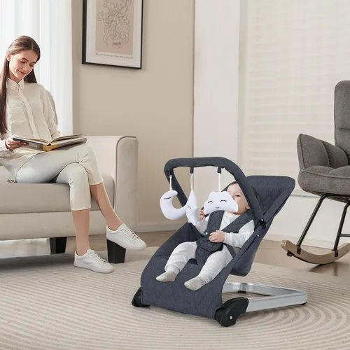 Vista 9 de HONEY JOY Gorila para bebé, asiento estacionario plegable portátil para recién nacido con vibraciones, barra de juguetes extraíble, arnés