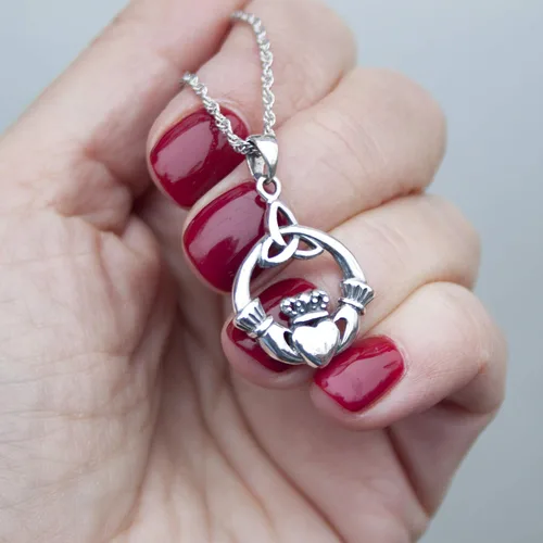 Vista 5 de 925 Sterling Silver Irish Claddagh Necklace - Trinity Celtic Knot Pendant with 20" Inch Chain - Hands Holding Heart Crown Charm - Love Celtic