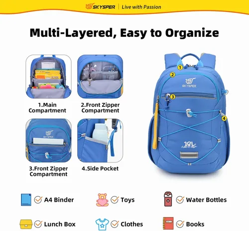 Vista 2 de SKYSPER Mochila escolar para niños de 4 a 8 años para viajes de un día y clases (azul)