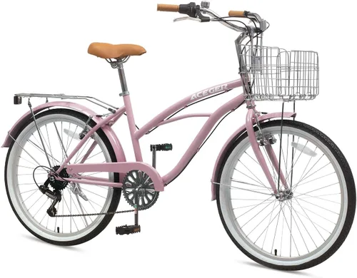 Vista 9 de ACEGER Girls Bike with Rattan Basket for 10+ Years, 24" 26" 1 & 7 Speed Comfort Commute Bicycle, Included Dual Brakes & Seat Rack, Adjustable