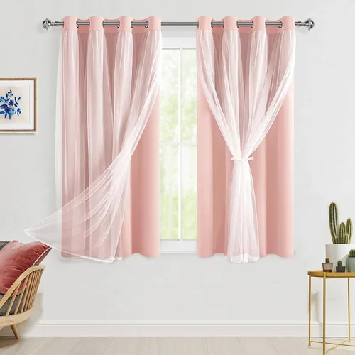 Vista 96 de Hiasan Cortinas opacas con superposición transparente, aislamiento térmico para mezclar y combinar de doble capa, cortinas de oscurecimiento de Beige