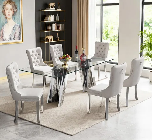 Vista 28 de Juego de mesa de comedor de cristal dorado de 5 piezas, 70 pulgadas, rectangular, moderna, para cocina y comedor, juego para 4, mesa de comedor