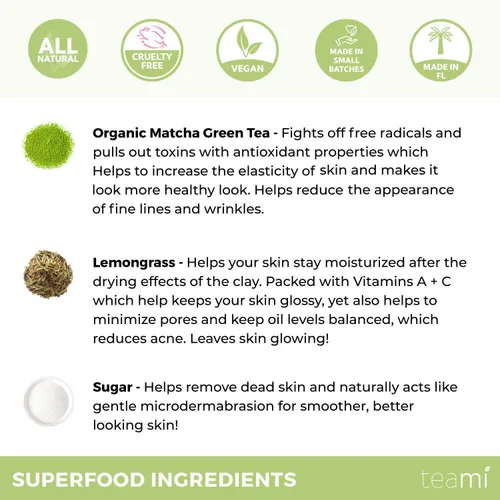 Vista 4 de Teami Exfoliante facial de té verde Matcha para hidratar, hidratar y exfoliar, exfoliante natural corporal y facial orgánico exfoliante de azúcar