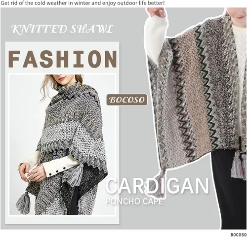 Vista 2 de Capa tipo poncho de punto para mujer, cárdigan de punto con flecos para otoño e invierno