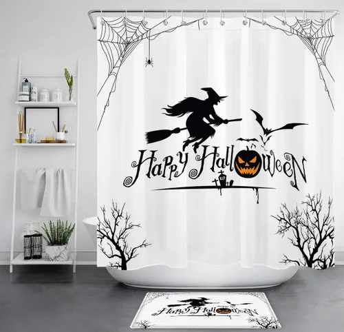 Vista 51 de HVEST Cortina de ducha con ganchos, calabaza espeluznante y fantasma con sombrero de bruja negro, juego de cortina de ducha naranja con flores