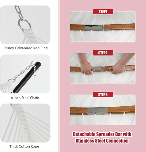 Vista 13 de Giantex Hamaca con almohada desmontable para colgar al aire libre, hamaca de patio con barra separadora de bambú curvada, cadena de acero, hamacas