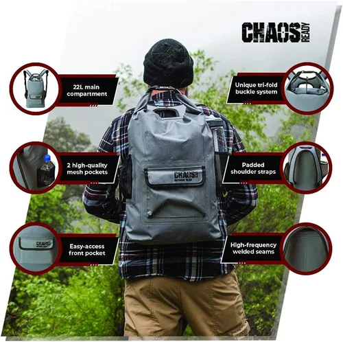 Vista 3 de Mochila impermeable Chaos Ready, bolsa seca, resistente, correas acolchadas para el hombro, bolsillos laterales de malla, fácil acceso al bolsillo