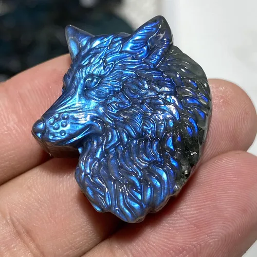 Vista 4 de TEAMWILL Cristal de labradorita natural de cuarzo tallado a mano cabeza de lobo Reiki cristal curativo magnífico escultura de piedra estatua estatua