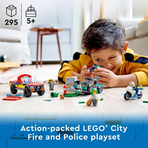 Vista 2 de LEGO City Fire Rescue & Police Chase - Juego de construcción de bomberos y policía para niños, con 3 minifiguras, camión de emergencia, patrulla