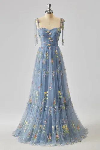 Vista 2 de Toreque Vestido de fiesta de tul con bordado de flores para mujer, tirantes delgados, corsé, largo, formal, vestidos de fiesta de noche