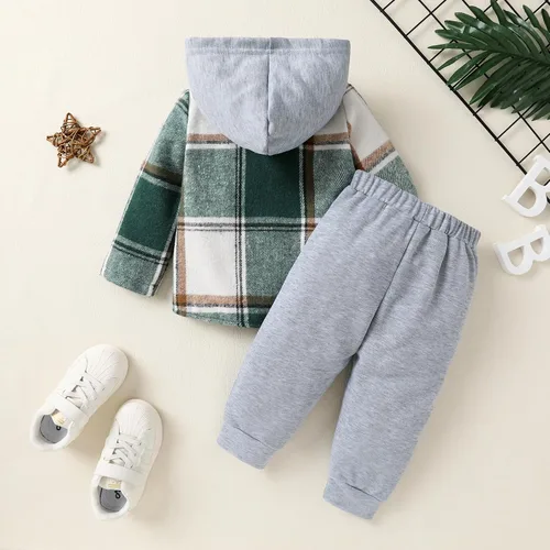 Vista 3 de YOUNGER TREE Conjunto de sudadera con capucha para niños pequeños, conjunto de camisa de franela a cuadros para otoño, invierno y primavera