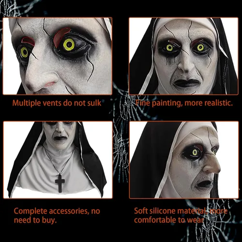 Vista 4 de Nueva máscara de monja 2023 - Máscaras aterradoras de Halloween para adultos con dijes de cruz B