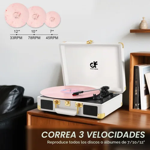 Vista 6 de Tocadiscos de vinilo Bluetooth, tocadiscos portátil vintage de 3 velocidades con 2 altavoces integrados, grabación USB, tocadiscos