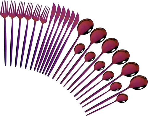 Vista 20 de Juego de cubiertos de 24 piezas, juego de cubiertos de acero inoxidable con espejo, cucharas, tenedores, cuchillos, diseño moderno, servicio para 6