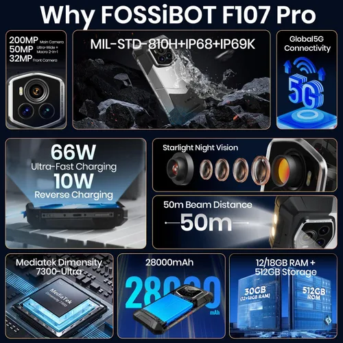 Vista 6 de FOSSIBOT Smartphone F107 Pro 5G desbloqueado, 30 GB + 512 GB de almacenamiento, batería de 28000 mAh, pantalla de 6.95" de 120 Hz, cámara AI de 200