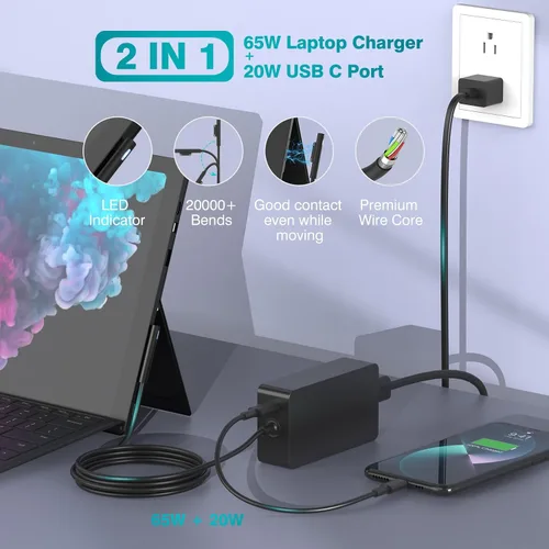 Vista 3 de Cargador para portátil de 65 W compatible con Microsoft Surface Pro 11, 10, 9, 8, 7+ Carga rápida para Surface Pro 7, 6, 5, X, laptop