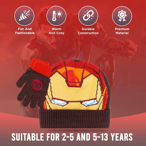 Vista 3 de Marvel Avengers - Juego de sombreros de invierno y guantes de nieve para niños y niños pequeños con lindos guantes y gorro suave, pompones esponjosos